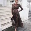 Maternidade vestidos de manga comprida alto pescoço de leopardo imprimir rebfled 2021 Primavera vestido grávido elegante junto roupas de maternidade