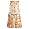 BOHO Yellow Grass Flower print Wide Leg Pants Cotton Hippie Woman Holiday High Waist Loose Full length Trousers Casual Pants Q0801