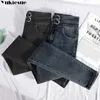 Jeans feminino plus size alta cintura alongada jeans skinny calça jeans fêmea lápis azul claro preto 210608