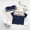 Japanische und koreanische Marine-Stil Kinder Matrosenkragen Baumwolle Leinen T-Shirt + Hosen 2 Stück Sommerkleidung Sets Jungen Mädchen Anzug 210611