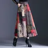 Plus Size 4XL Printed Fllowers Red Long Skirts Fashion Winter Women Casual Maxi Skirt Femme Elastic High Waist Plaid Wool Skirt 210619