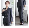 Mulheres de duas peças Calças Corean Cinzento Manga Slim Business Blazer + Pant 2 Set Mulheres Escritório Senhora Jaqueta Notched Calças Ternos Cintos