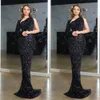 2022 Arabiska Sexiga Prom Klänningar Black Sequins One Shoulder Long Sleeves Crystal Beading Mermaid Party Evening Gowns