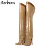 Sorbern Khaki Patente Mulheres Botas de 18 cm de altura estiletes abertos para trás de ponta de ponta dura de eixo dura Bott