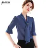Рубашка V-образные шеи дизайн лето мода темперамент половина рукава шифон блузки офисные дамы рабочие вершины 210604