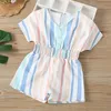 2021 Summer Baby Girls Stripe Romper Niños Rayas verticales con cuello en V Mono Moda Niños Mangas cortas Cintura Apretada Onesie Onesie S1256