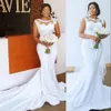 2021 Simple Gorgeous Mermaid Wedding Dresses Jewel Neck Illusion Lace Appliques Cap Sleeves Chapel Train Plus Size Satin Formal Bridal Dress vestidos de novia