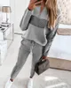 2021 Nouveau style deux pièces ensemble femmes tenues gris col montant fermeture éclair patchwork survêtement pull hauts et pantalon costume de sport décontracté Y0625