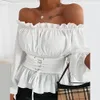 Slash Neck Mulheres Camisa e Blusas Manga Longa Ruffle Corset Senhoras Tops Blusas Outono Primavera Branco Preto Rosa Camisa D25 21302