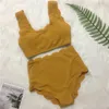 Frauen Badeanzug Scalloped Hohe Taille Bikini Set Solide Zwei Stücke Plus Size Bademode Biquini Tankini 210702