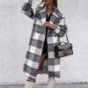 Kadınlar Zarif Dönüş Boyun Ofis Chic Hırka Tasarım Moda Ekose Yün Uzun Mont Sonbahar Kış Bayanlar Düğme Cepler Coat 210930