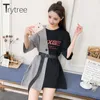 Trytree Summer Sukienka Asymetria Kobiety Plaid Patchwork T-shirt Suknie O-Neck Sashes Nad Kolana Luźna Czarno-biała Dress T200416