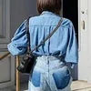 Kvinnors jackor 2022 kvinnor mode blå jeans skjortor damer casual denim puff långärmad skjorta löst smala fit päls toppar