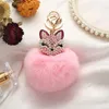 Cute Animal Pom Pom Keychain Good quality Durable Faux Fur Fluffy Key Ring for Women Girl Diamonds Puff Ball key fobs Jewelry