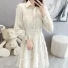 Casual jurken Koreaanse temperament mode dames 2022 herfst aankomst kleine geurstijl pailletten stiksel revers taille lange mouwen jurk
