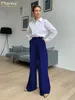 Clacive bleu bureau femmes pantalons mode ample pleine longueur dames pantalon décontracté taille haute large pantalon pour les femmes 220311