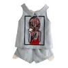 Girls Clothes Summer Casual 2-10T Years Old Kids Embroidery Cartoon Girl T Shirt+Shorts 2 Piece Lace Denim Blue Suit Set 210701