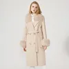 レディースウールの女性のブレンドMaomaofur Cashmere Coat Real Fur Collar Cuffジャケットとベルト冬の秋の女性