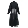 韓国女性黒裾メッシュスプリットサイズブラウススタンドカラー長袖ルーズフィットシャツファッション春秋1N879 210603