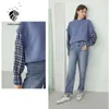 FANSILANEN Faux deux pièces ensemble surdimensionné bleu pull en tricot femmes à manches longues patchwork pull hiver pull décontracté tricots 210607