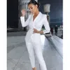 Basit Beyaz Kadın Blazer Abiye Takım Elbise Seksi V Boyun Kruvaze Resmi Ofis Kıyafet Lady Pantolon Suit 2 Parça Balo Parti Abiye (Ceket + Pantolon)