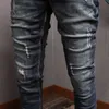 イタリアンスタイルのファッション男性ジーンズレトロブラックグレー弾性スリムフィットリッピングデニムパンツ高品質ビンテージデザイナーズボンD8XF