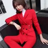 Красные брюки костюм мода высококлассный бизнес темперамент формальный с длинным рукавом тонкий блейзер наборы офисные дамы рабочая одежда 210604