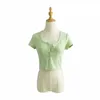 섹시한 티셔츠 V 넥 짧은 소매 캐주얼 자르기 탑 여성 버튼 니트 짧은 소매 한국어 스타일 리브 녹색 여름 자르기 탑스 x0628