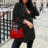 Autumn Women Blazer Office Suit Mid Long Double Breasted Lapel Neck Sleeve Jacket Coat for Female Ladies Fashion 211019