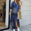 40 # Denim Long Shirt Drwomen Pocket Button Print Long Drlong Sleeve T-shirts Drloose Casual Maxi Klänningar Vestidos X0529