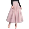 Kylie rosa mesh kjol longue tulle vår lång pläterad tutu kjol elastisk hög midja kvinna sommar vintage kjol för festival 210310
