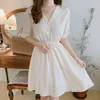 New Lace up Summer Dress Girls Boho Party Chiffon Female Vintage Dress white Short Sleeve Women Dresses Robe Vestido Y1204