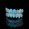 14K Gold CZ Vampire Teeth Grillz Iced Out Micro Pave Cubic Zircon BLUE Opal 8 Tooth Hip Hop Grill Top Bottom Mouth Grillzs Set with Silicon Molding Bar