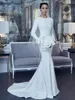 2022 vestidos de nupcial elegante O-pescoço manga comprida vestidos de noiva plissados ​​branco varredura de varredura sereia roubar de mariage vestidos noiva