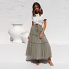 Pleated Skirt Women Summer Casual Lace-Up Elastic Waist Midi Woman Patchwork Ruffles High s Falda Plisada Mujer 210619