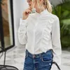 Długi rękaw Elegancki Wzburzyć Kobiety Koszula Pojedynczy Breasted White Stand Collar Biuro Damise Bluzka Koszulka Femme 210608