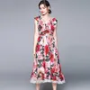 Sommer Frauen Rüschen Sexy V-ausschnitt Ärmelloses Chiffon Kleid Hohe Taille Spitze Trims Splice Floral Print Midi Kleider Vestidos 210529