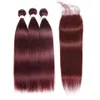 Rött rakt mänskligt hår Bourgogne Weaving Bunds med 4x4 spetsstängning #burg remy hårförlängningar 99j dubbla wefts väver