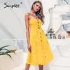 Simple elegante botão mulheres vestido bolso bolinhas amarelo algodão midi vestido verão casual fêmea plus size lady beach vestidos 210309