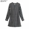 Zevity Womenビンテージブラックホワイトストライププリントプリントサッシミニドレス女性シックOネックロングスリーブストレートvestido DS5078 210603