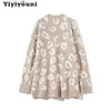Yiyiyouni höst vinter överdimensionerad leopard tröja cardigan kvinnor casual v-neck stickade tröjor singel breasted jumper 210922