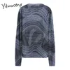 Yitimuceng Woman Tshirts Comfortable Vintage Tops Blue Line Long Sleeve Pullover Fashion O-neck Clothing Casual Korean 210601