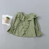 2-7 jaar hoge kwaliteit meisje kleding set herfst mode geel groen plaid shirt + denim rok kind kinderen 210615