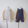 Korean girls baby overall children's cotton and linen jumpsuit loose striped vest cool P4653 210622