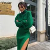 VSSTIAR TURTLENECK KVINNA Ströja Pullovers Green White Autumn Winter High midja Split midi kjol Fashion Casual Two Pieces Set 220221