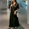 Женщины Черное платье плюс размер 4XL свободно лоскутная одежда мода мода воротник корейский стиль шикарные сладкие женщины платья harajuku просто c0304