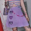 Summer Japanese Kawaii Purple Harajuku Soil Cool Love Cartoon Buckle Purple High Waist a Word Pleated Denim Skirt 210311