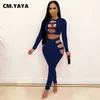 CM.YAYA Donna Set Solid Scava Fuori Guaina Elastico Manica Lunga Crop Top Vita Media Pantaloni Lunghi 2 Pezzi Set Sexy Outfit Primavera Autunno Y0625