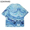 Gonthwid Tişörtleri Streetwear Harajuku Gökyüzü Baskı Şerit Kravat Boya Pamuk Tee Gömlek Hip Hop Rahat Kısa Kollu T-shirt Moda Tops C0315