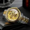 Ganador Gold Skeleton Mecánica Reloj Hombres Automático Vintage Royal Fashion Grabado Auto Muñequera Relojes Top Marca Crystal 210728
